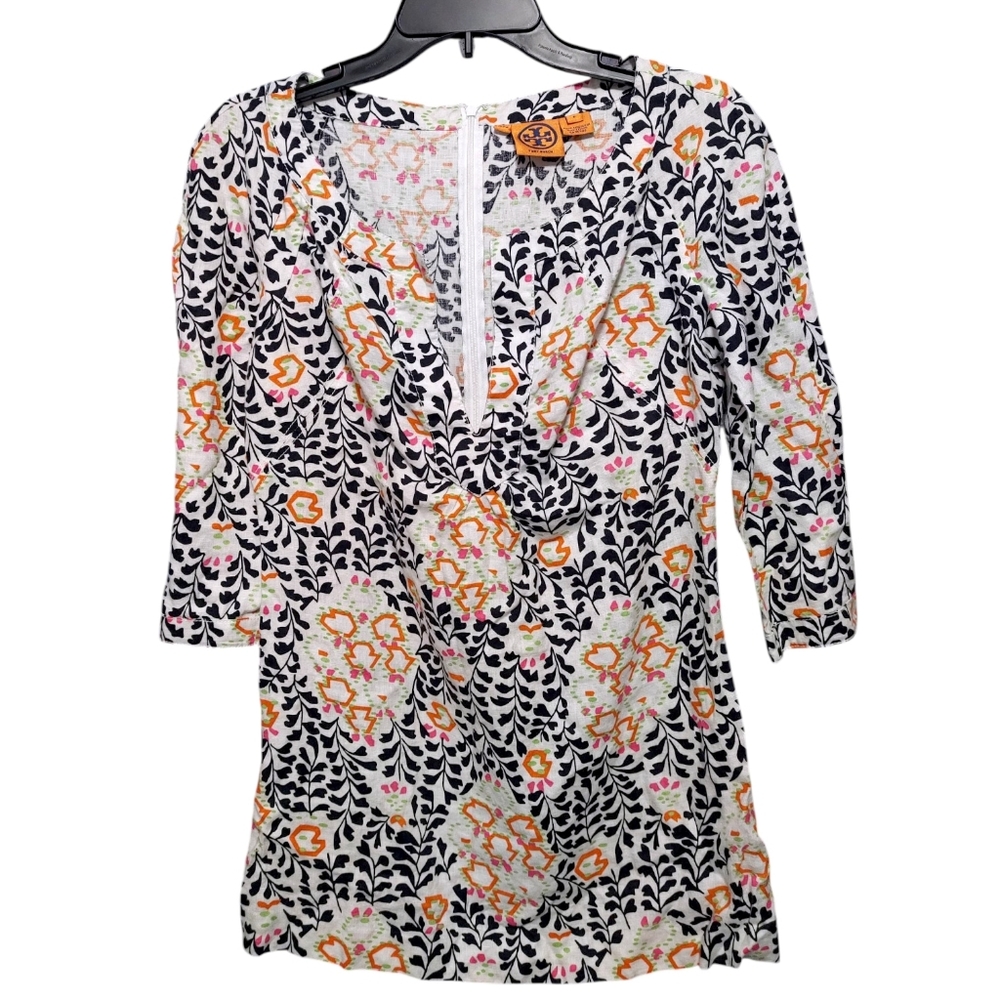 Tory Burch Floral Linen 3/4 Sleeve V Neck Blouse Top Women's Size 6